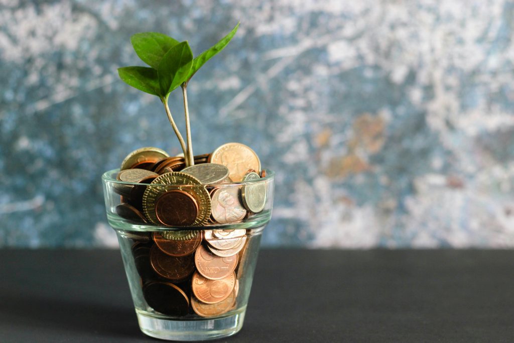 Una planta pequeña con hojas verdes crece de un vaso lleno de varias monedas, sobre un fondo azul grisáceo con textura, simbolizando el crecimiento financiero.